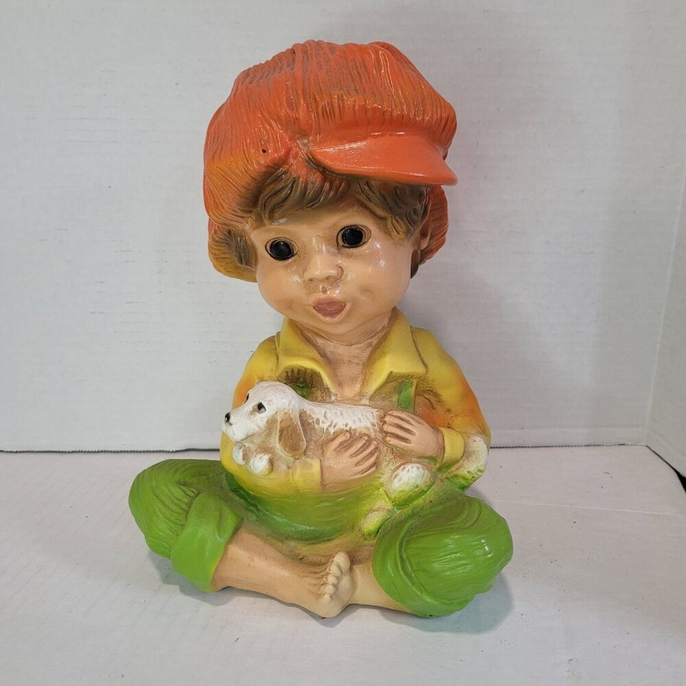 VTG 1974 Universal Statuary Ceramic Figure Boy Holding Dog Folk Art 293 10in